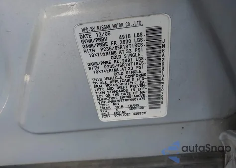 2006 Nissan Murano Sl from USA, damaged, VIN JN8AZ08T06W407075